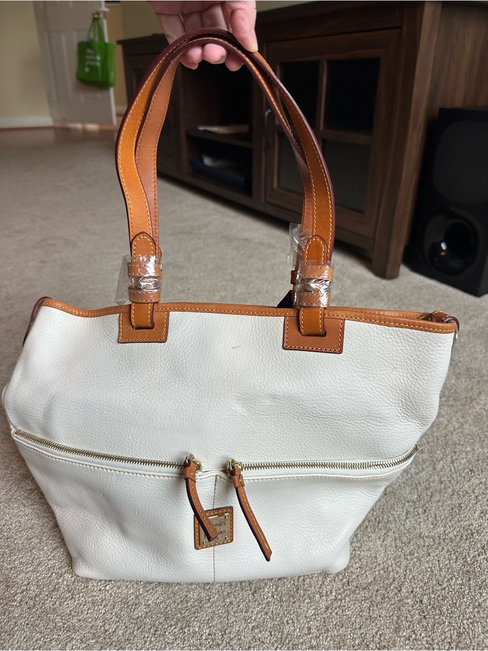 Dooney & Bourke White Pebble Leather Tote with Tan Trim - Picture 2 of 15